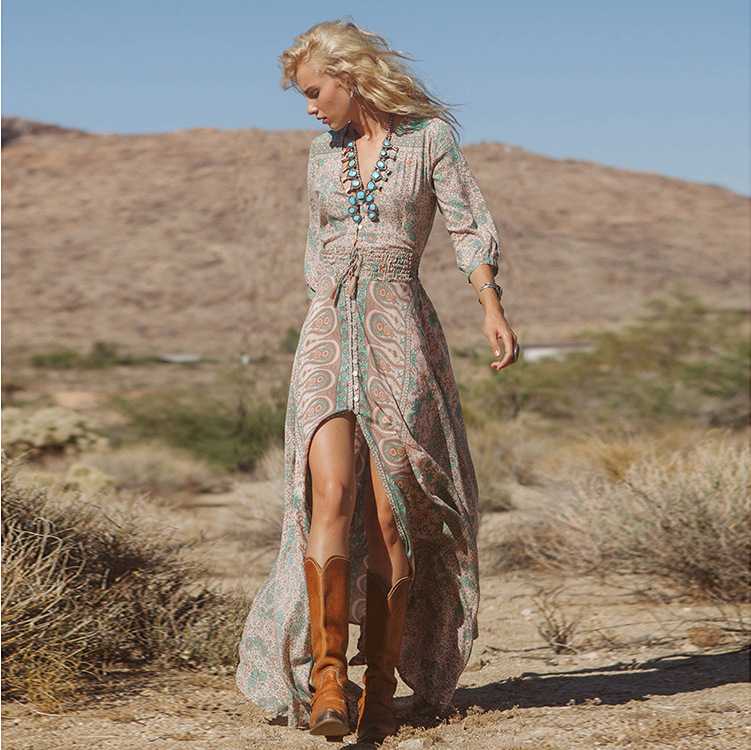 Elastic Waist Hippie Gypsy Floral Prints Double Thigh Split Maxi Dress sunifty Elastic Waist Hippie Gypsy Floral Prints Double Thigh Split Maxi Dress sunifty