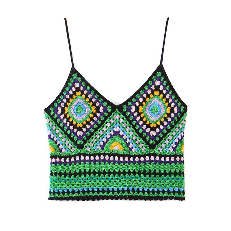 Bohemian Rainbow Crochet Flower Crop Top Rhombus Knitted Pattern Cami Tank