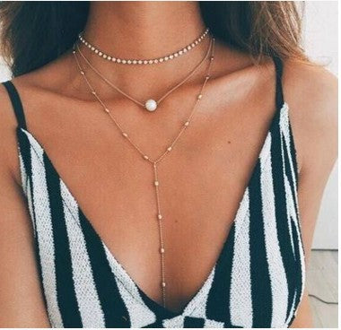 Silver Diamond Pendant Necklace Layered Long Necklace Pearl Choker