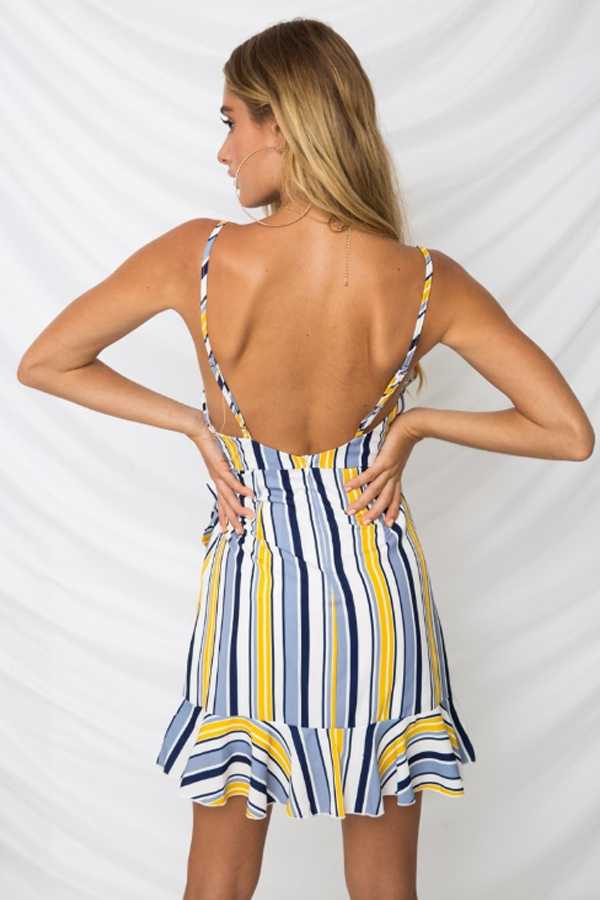 Colorful Striped Tie Waist Frill Wrap Short Ruffle Dress