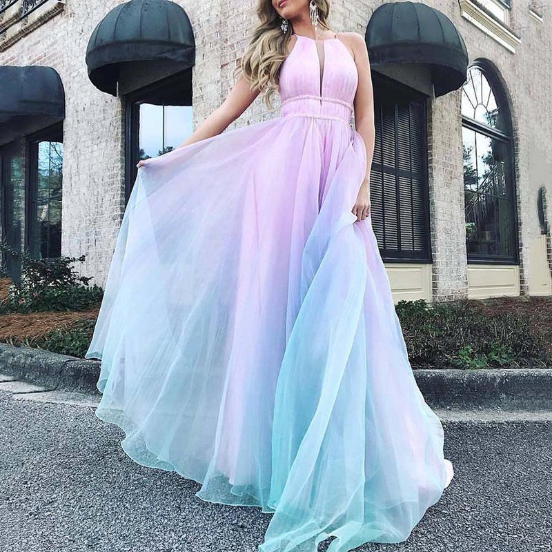 Rainbow Deep Plunge Ombre Gradient Evening Ball Gown Dresses sunifty