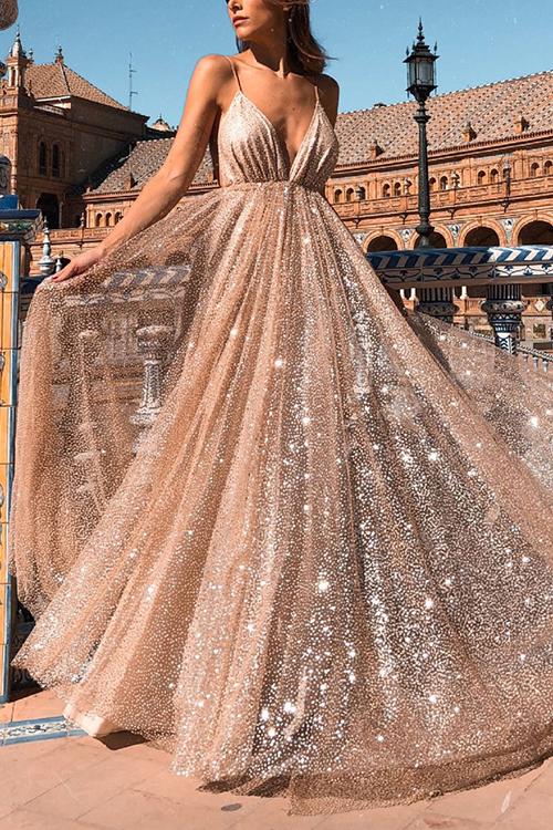 Sparkly Plunge Sequin Mesh Overlay Long Backless Prom Gown Dresses sunifty Sparkly Plunge Sequin Mesh Overlay Long Backless Prom Gown Dresses sunifty