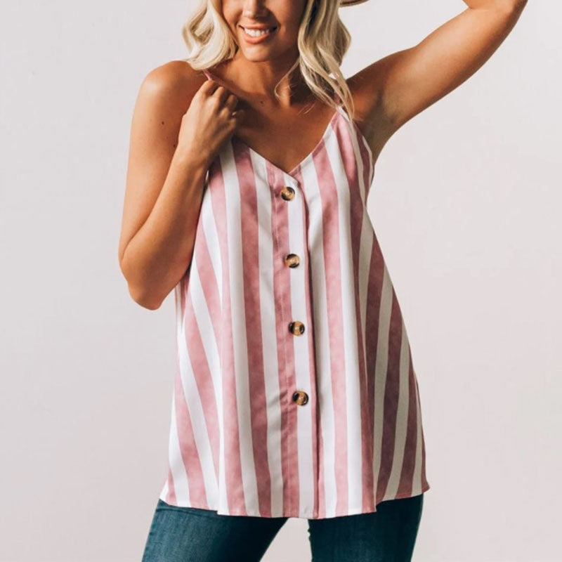 Casual Adjustable Spaghetti Striped Button Down Tank Top Swing Vest