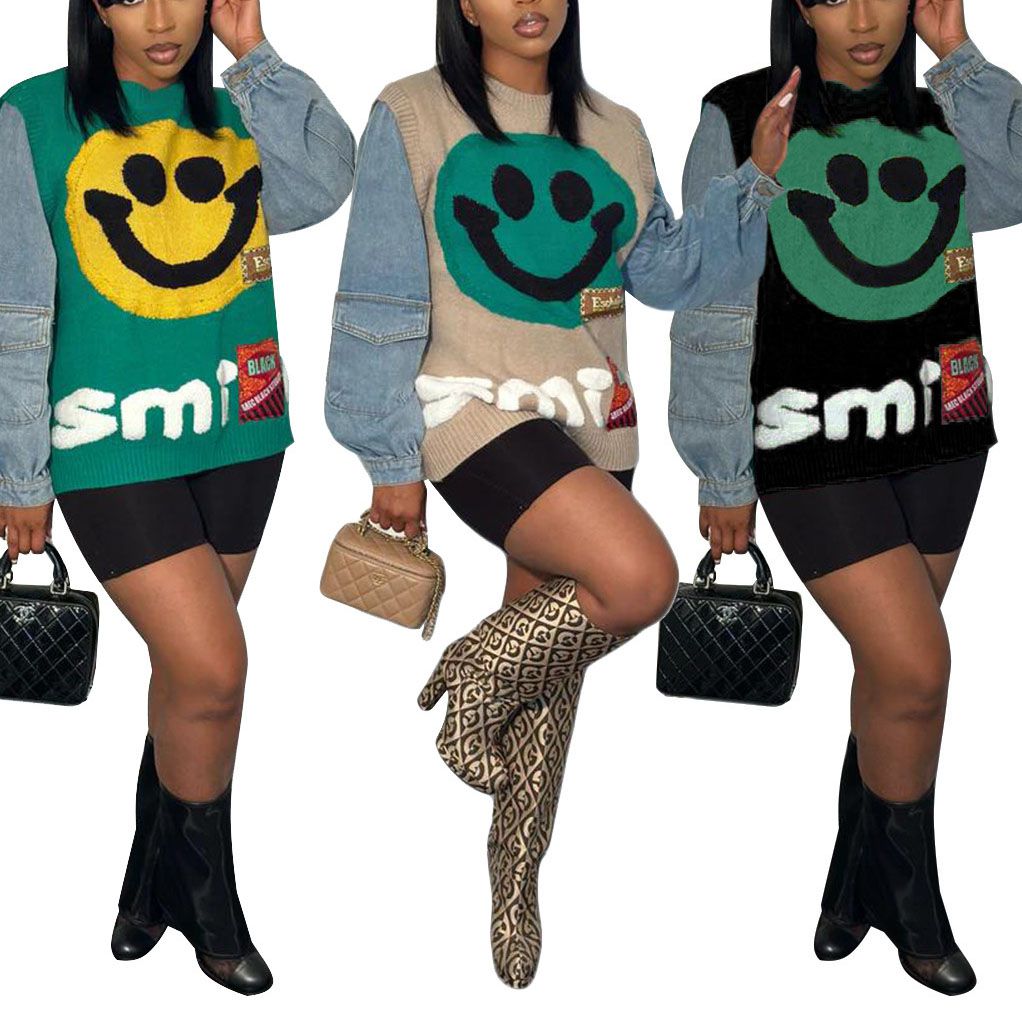 Y2k Aesthetic Smiley Face Color Block Knit Denim Sweatshirt Clothing