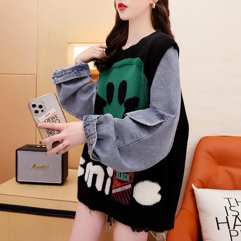 Y2k Aesthetic Smiley Face Color Block Knit Denim Sweatshirt Clothing