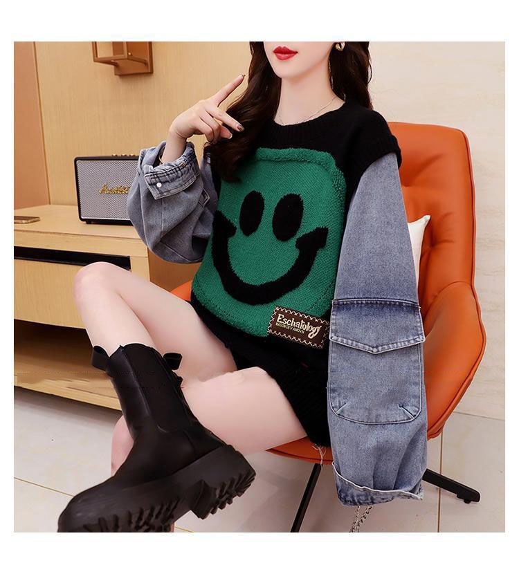 Y2k Aesthetic Smiley Face Color Block Knit Denim Sweatshirt Clothing