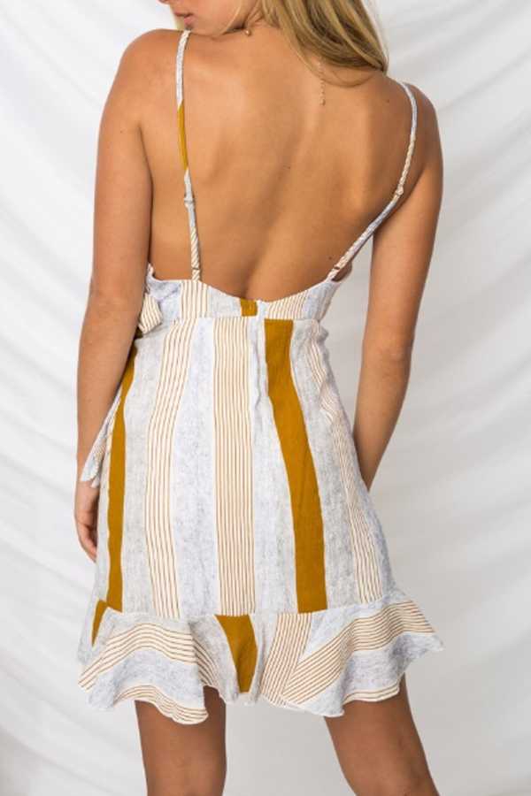 Colorful Striped Tie Waist Frill Wrap Short Ruffle Dress