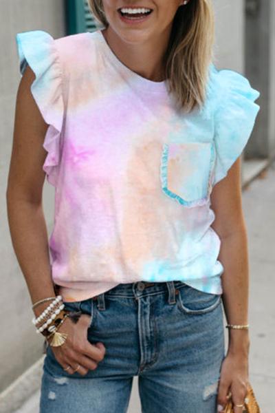 Rainbow Tie Dye Tee Shirt With Ruffle Shoulders