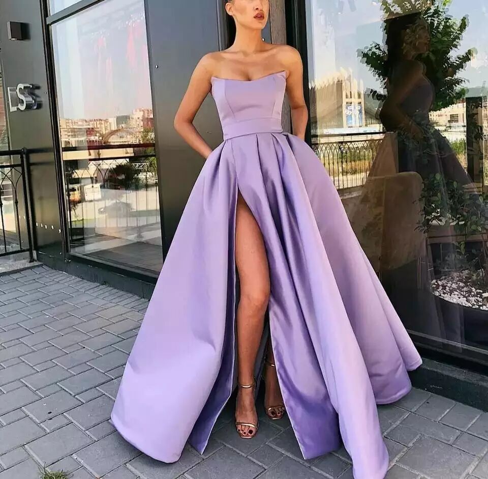 Super Simple Formal V-Neck Off Shoulder Thigh Slit Satin Prom Dress