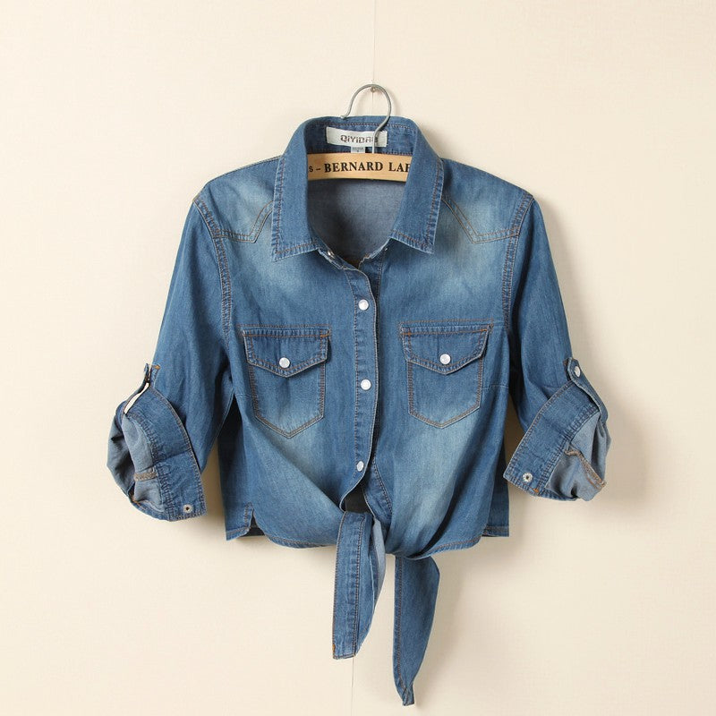 Front Tie Knot Denim shirt Crop Top Jean Blouse