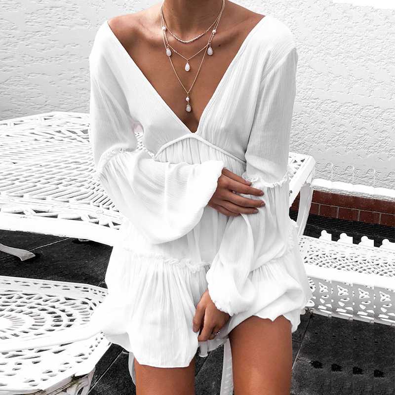 Casual Ruffle Trimmed Long Puff Sleeve V Cut Out Back V Neck Dress