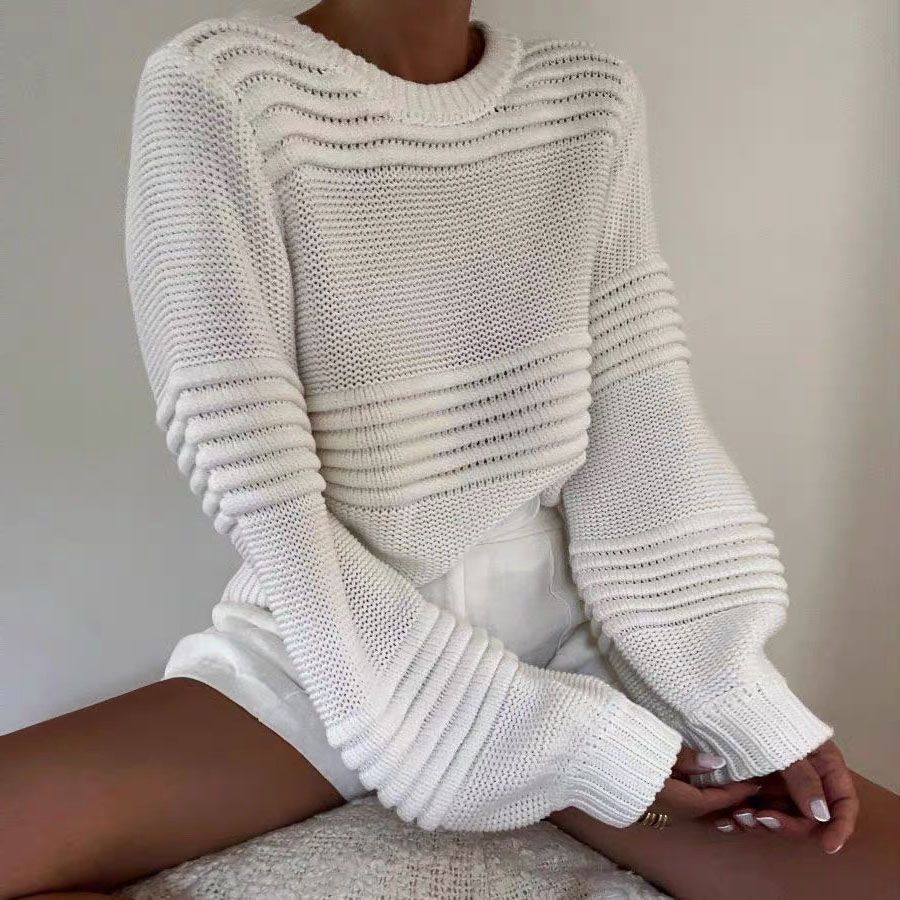 Rib True Knit Womens Round Neck Balloon Sleeve Sweater Jumper