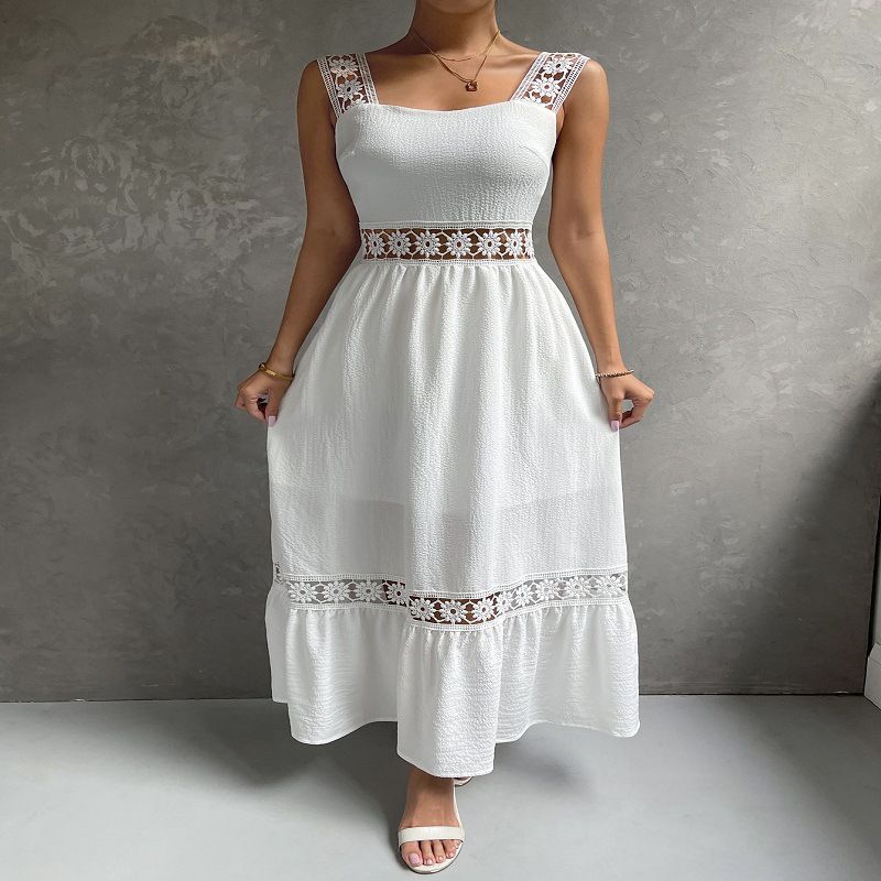 Boho Casual Cotton Eyelet Hollow Thick Strap Lace Midi Dress