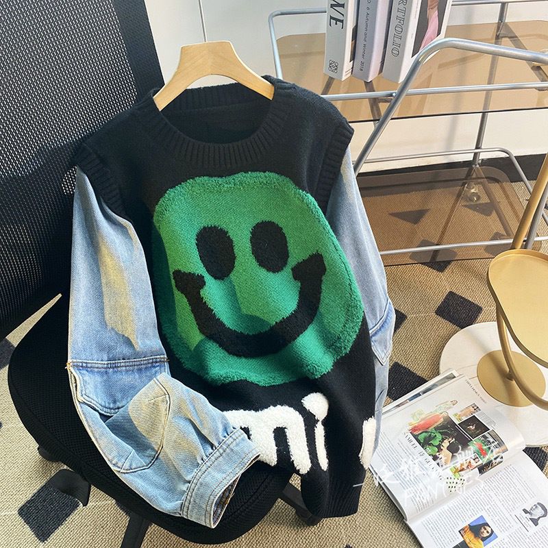 Y2k Aesthetic Smiley Face Color Block Knit Denim Sweatshirt Clothing