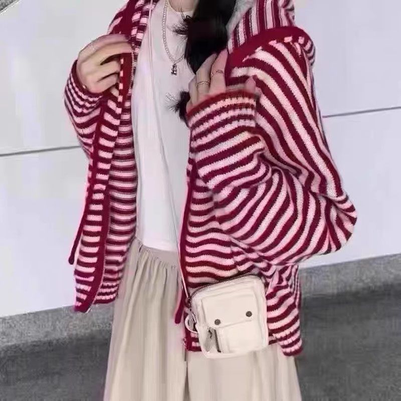 Candy Colorblock Multi Stripes Zipper Cardigan With Hood