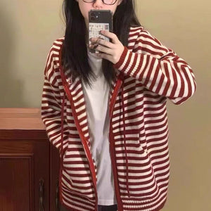 Candy Colorblock Multi Stripes Zipper Cardigan With Hood