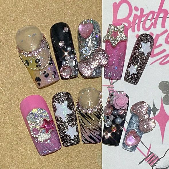 Y2K Glitter Pink Long Coffin Acrylic Nails