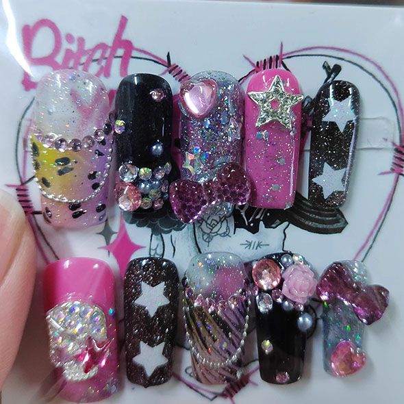 Y2K Glitter Pink Long Coffin Acrylic Nails