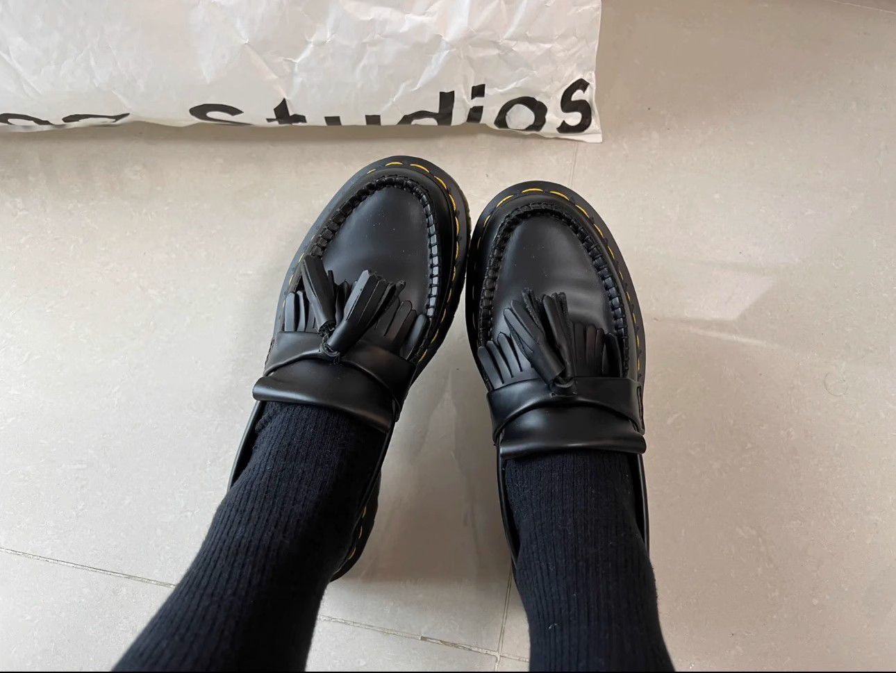 Yellow Stitch Unisex Fringe Tassel Slip-on Loafer Smooth Leather Shoes