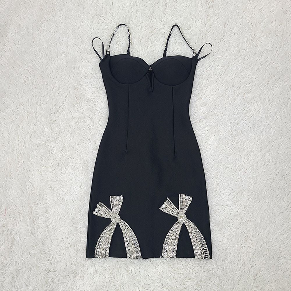 Rhinestone Embellished Black Decor Bow Detail Sleeveless Slit Mini Dress