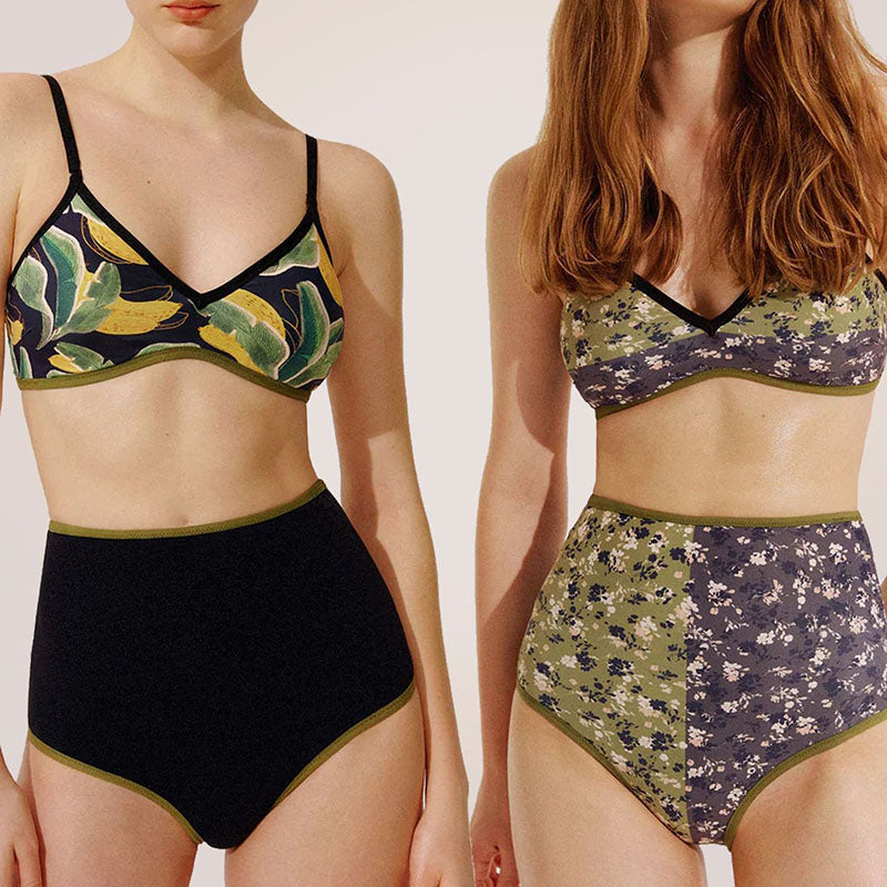 Reverse Two Sides Block Trim Tropical Floral High Waist Tummy Control Swim Suit