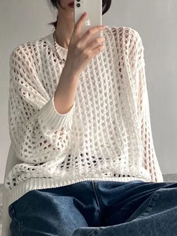 Bohemian Crochet Knit See Through Fishnet Long Sleeve Top Shirts