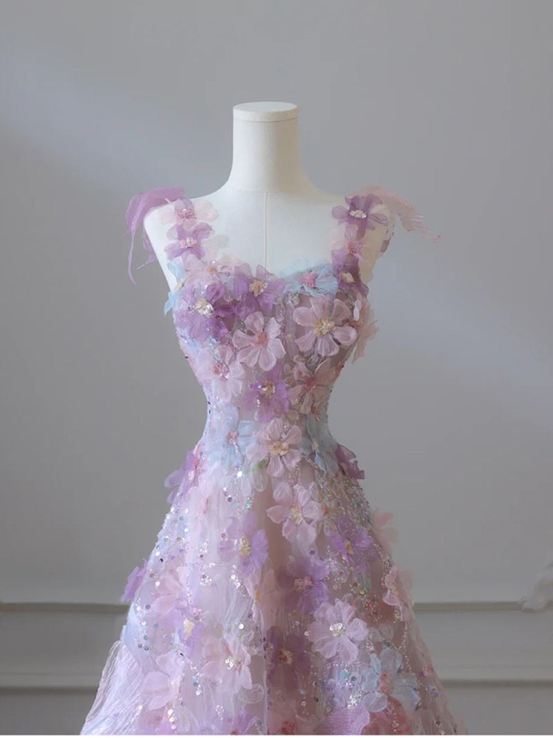 Aesthetic Pink Embroidery Full Length Sleeveless Princess Mesh Dress