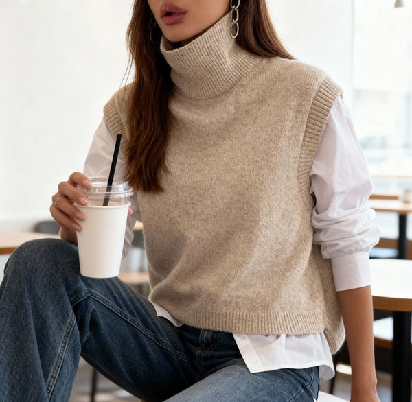 Oversized Ribbed High Neck Knitted Sleeveless Sweater