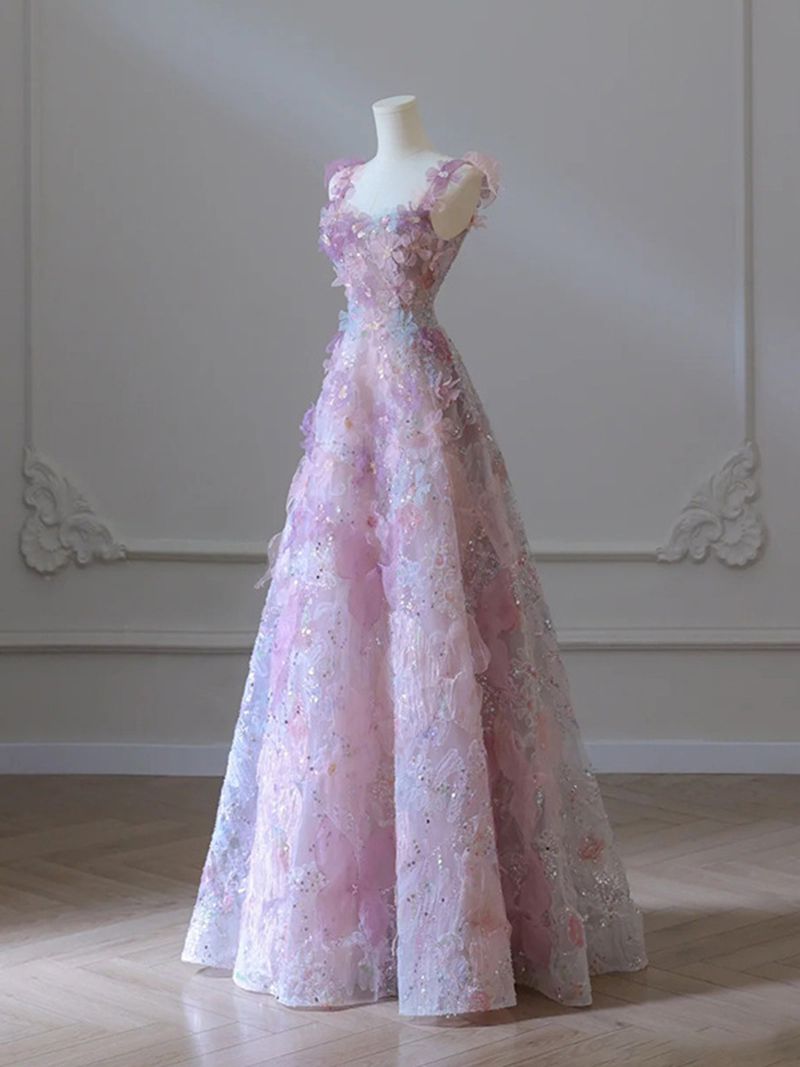 Aesthetic Pink Embroidery Full Length Sleeveless Princess Mesh Dress