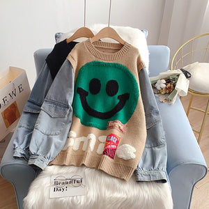 Y2k Aesthetic Smiley Face Color Block Knit Denim Sweatshirt Clothing