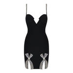 Rhinestone Embellished Black Decor Bow Detail Sleeveless Slit Mini Dress