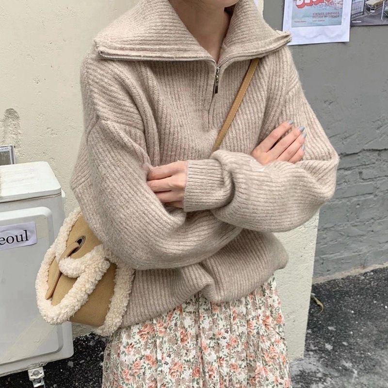 Soft Comfy Colour Block Stripes Polo Knitted Zip Pullover Sweater
