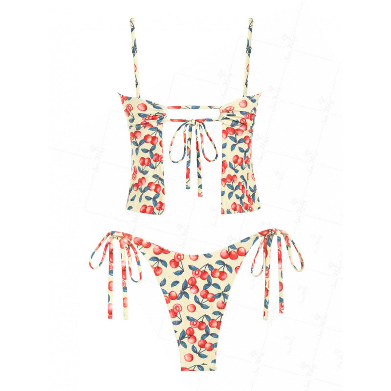 Cute Print Bow Cinched Back Tie Side Tankini Bikini Set