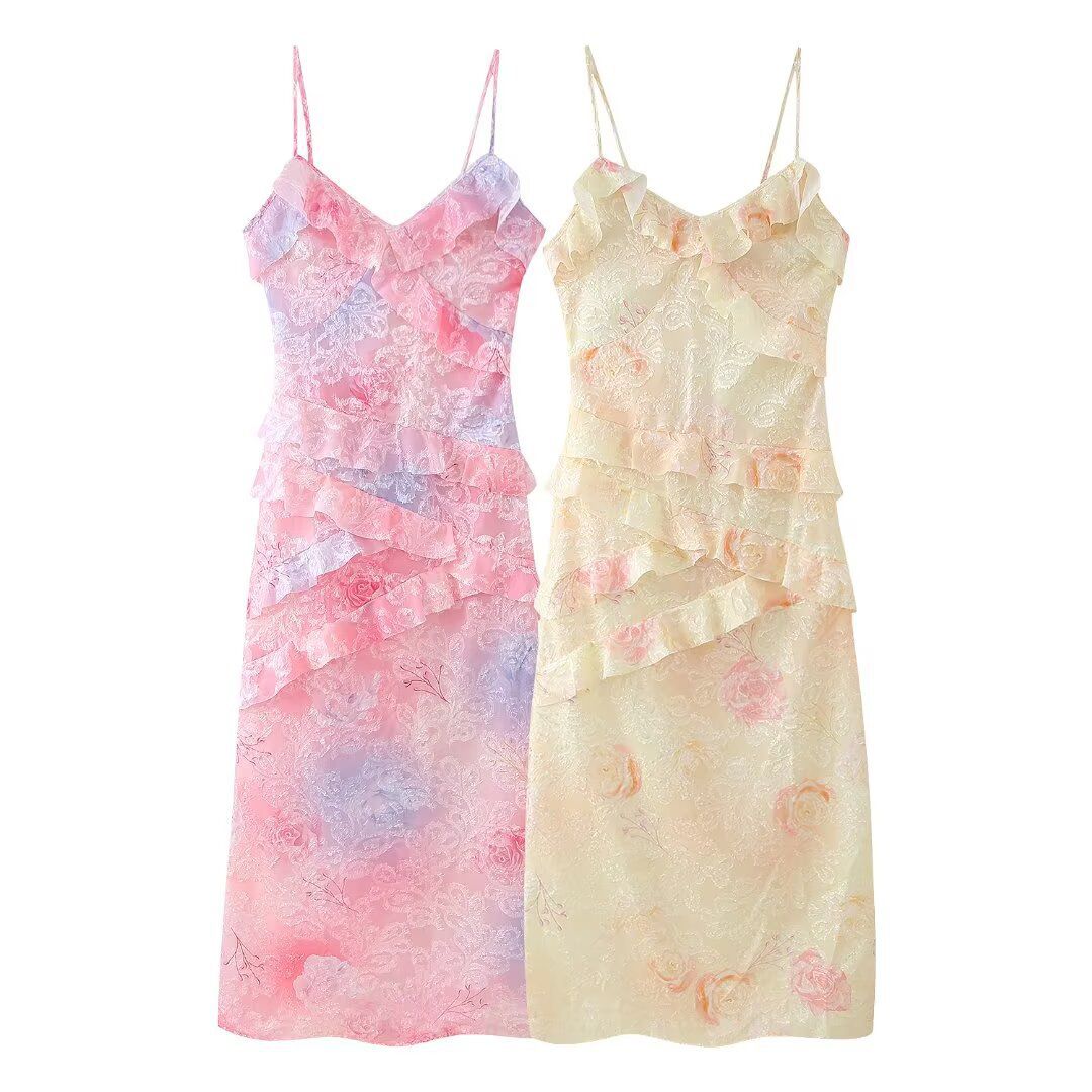 Pastel Fragrance Print Lace Ruffled Maxi Dress