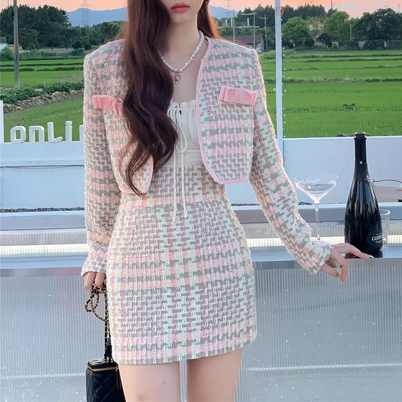 Two Piece Pastel Pink Hued Boucle Tweed Bolero Jacket And Skirt Set