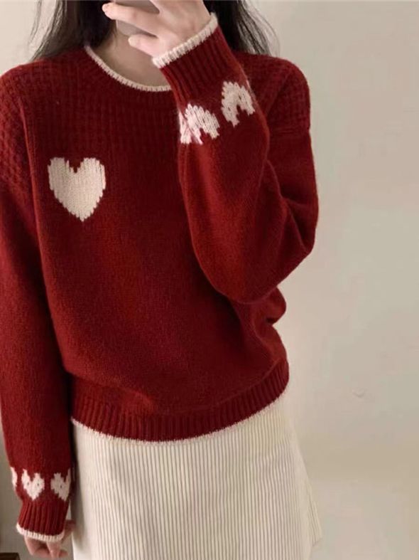 Waffle Textured Hearts Love Knit Sweater