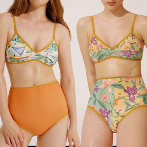 Reverse Two Sides Block Trim Tropical Floral High Waist Tummy Control Swim Suit