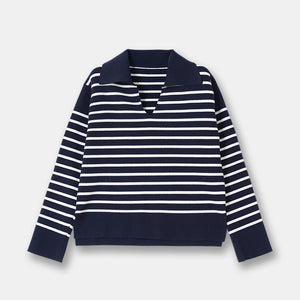 White Black Block Stripe Knit Cotton Jumper Pullover Sweater With Collar