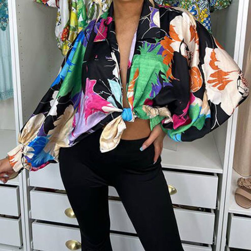 Retro 90s Multicolor Rainbow Floral Lantern Sleeve Tie Front Blouse Shirt