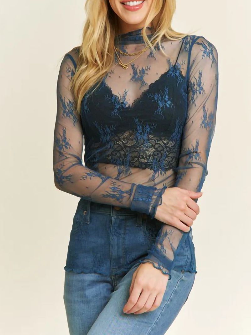 Sparkly Long Sleeve Flower Embellished Mesh Tops for women