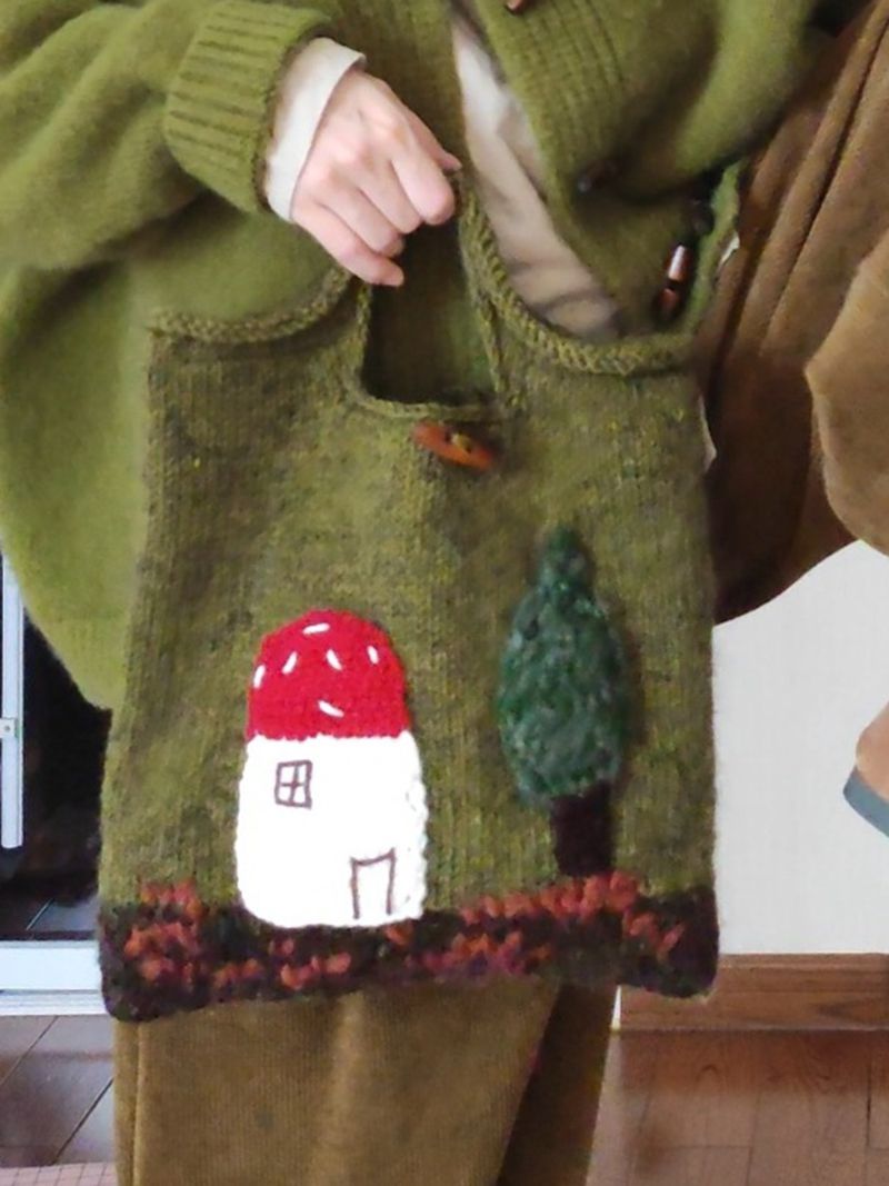 Cute Handmade Embroidered Crochet Knitted Handbag Mushroom Tote Bag