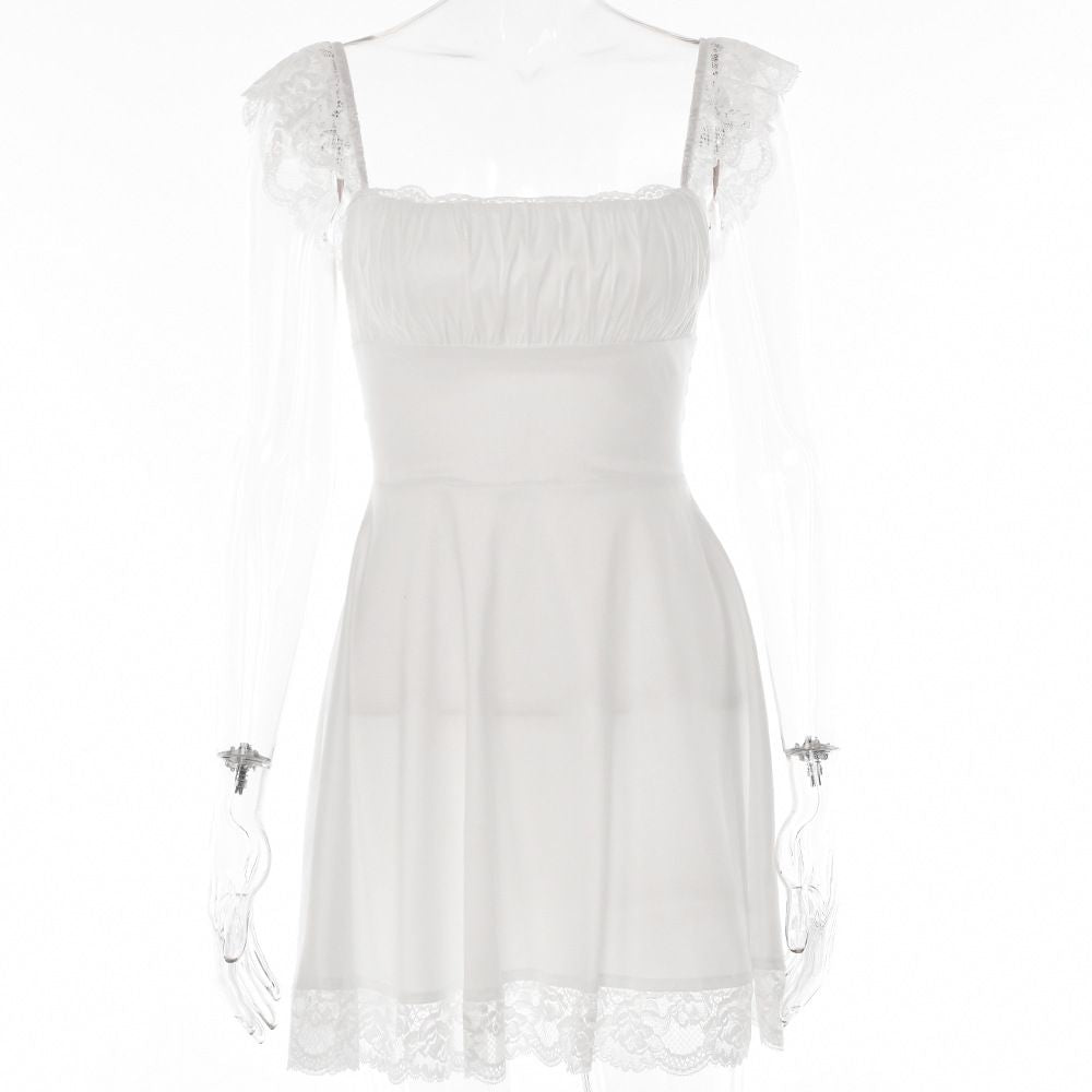 Sweet Cap Sleeve Ruched White Lace Party Mini Dress With Lace Edge