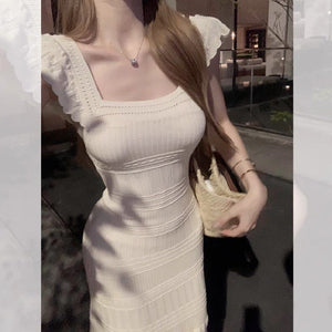 Bohemian Elegant Crochet Scallop Hem White Knitted Dress