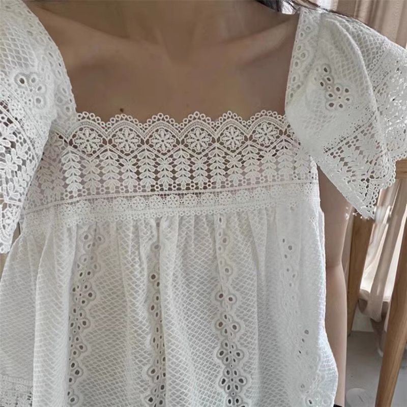 Tummy Hide Eyelet Crochet Lace Peplum Hem Blouse Tops