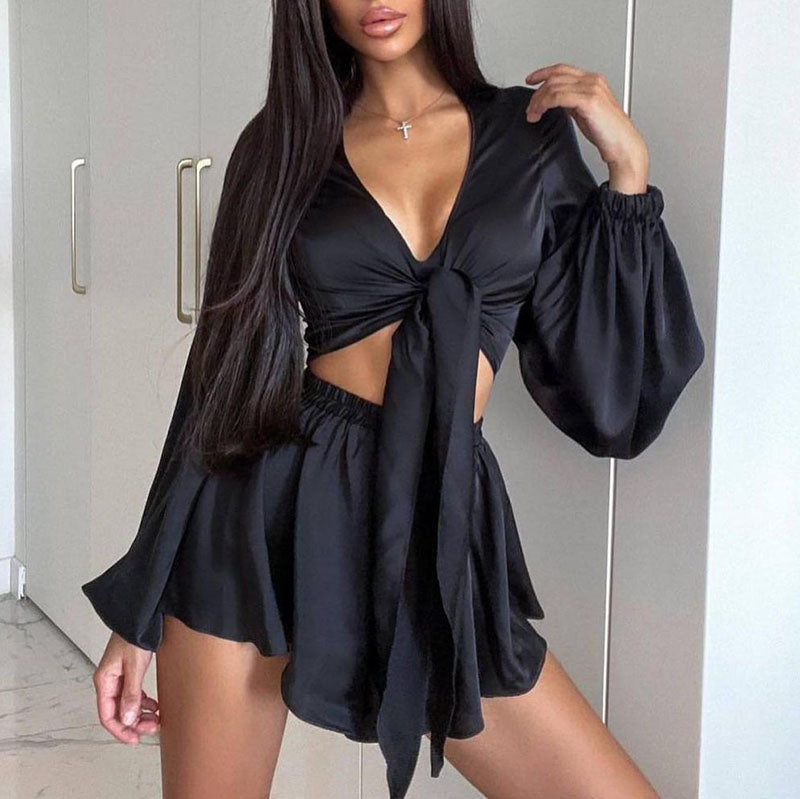 Lantern Sleeve Tie Front Crop Top And Flowy Shorts Co ord Set