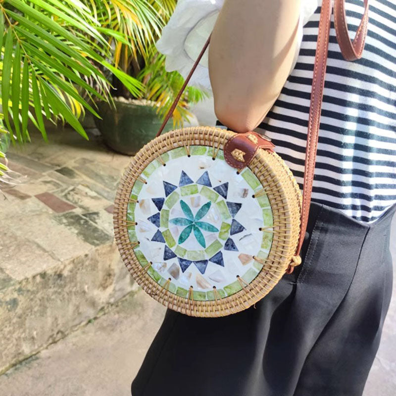 Bohemian Seashell Floral Round Rattan Purse Bali Clutch Shoulder Bag