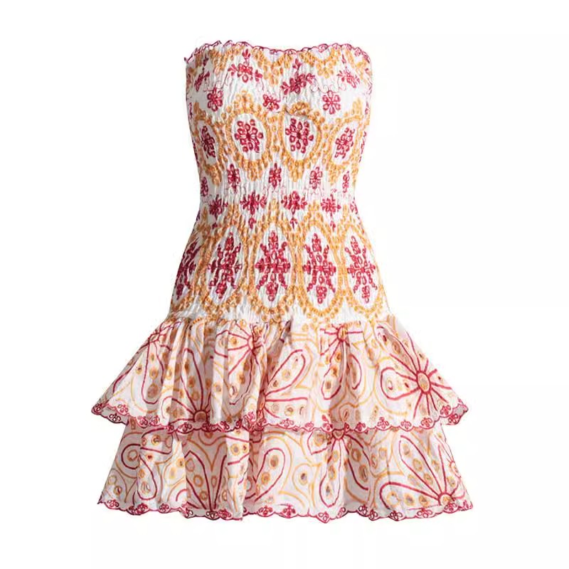 Eyelet Broderie Anglaise Shirred Bandeau Layered Ruffle Short Dress