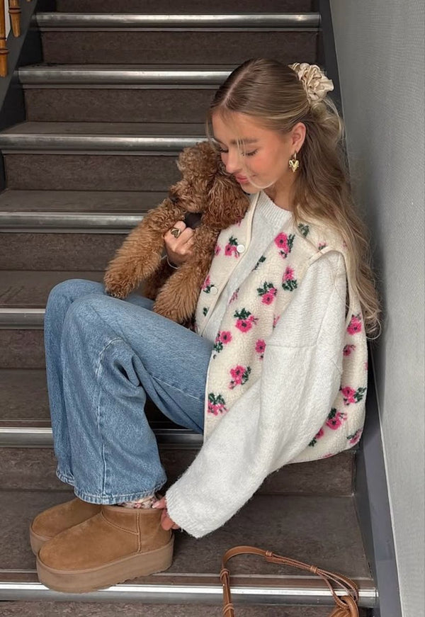 Floral Flower Fuzzy Fleece Sherpa Vest Button Up