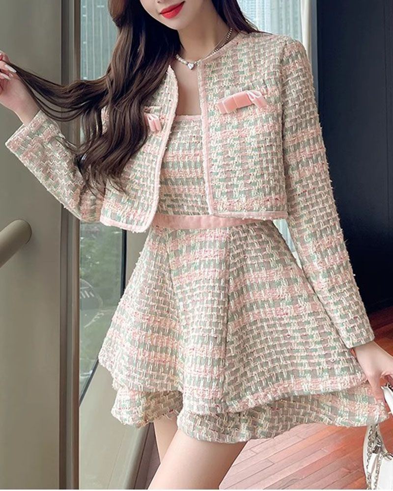 Two Piece Pastel Pink Hued Boucle Tweed Bolero Jacket And Skirt Set