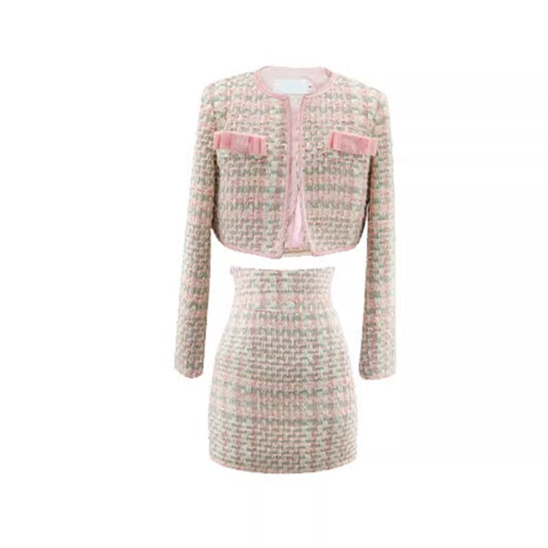 Two Piece Pastel Pink Hued Boucle Tweed Bolero Jacket And Skirt Set